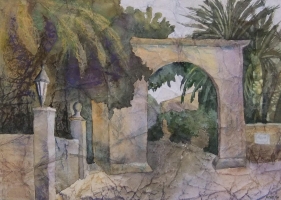 Gekreukeld papier; mediterraan doorkijkje met poort