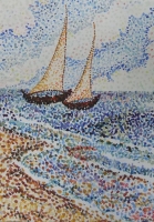 pointillisme, zeelandschap met 2 zeilbootjes